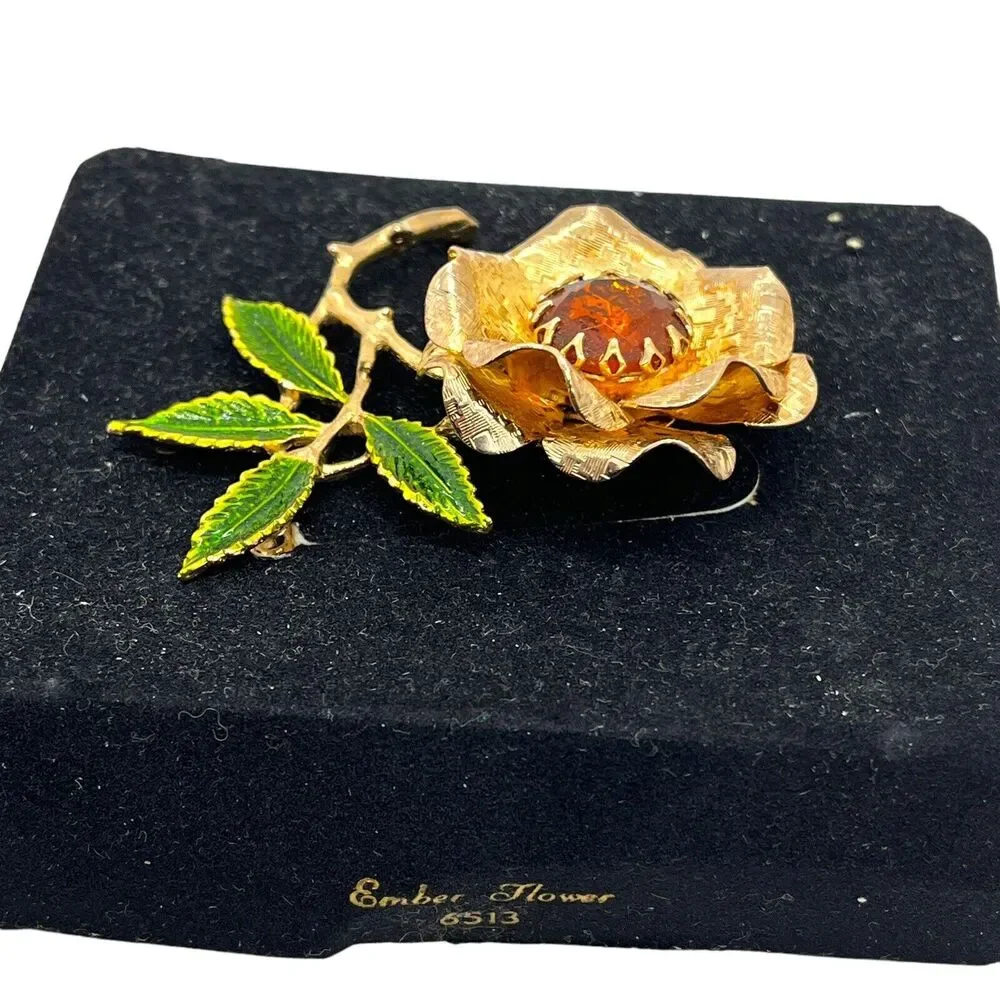 Sarah Coventry Brooch Pin Ember Flower Statement Vintage 1972 Gold Tone In Box
